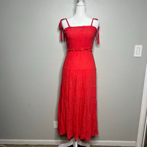 SLD Women's Coral Smocked Tiered Maxi Dress Tie Straps Size Medium Santorini - Picture 1 of 7
